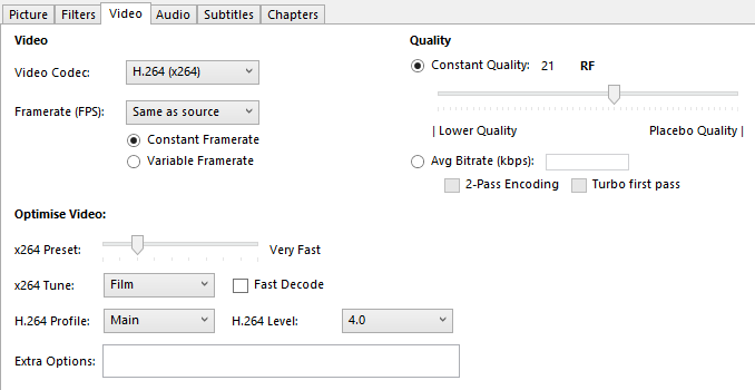 handbrake settings for dvd mac